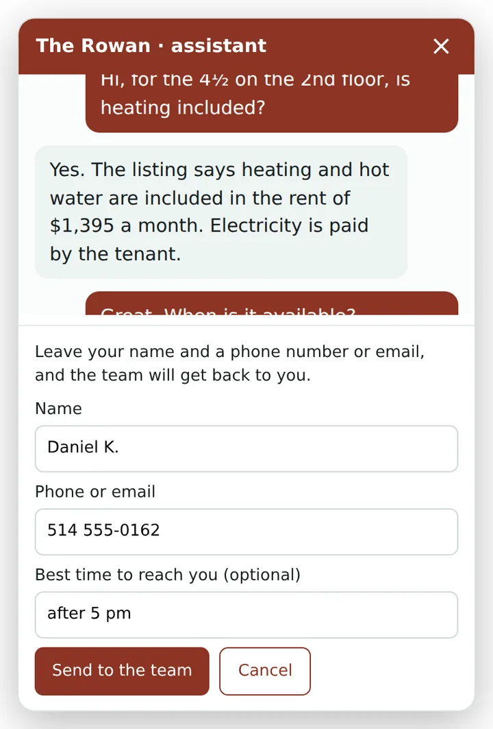 Screenshot: the form to talk to a person, filled in with a name, a phone number and “after 5 pm”.