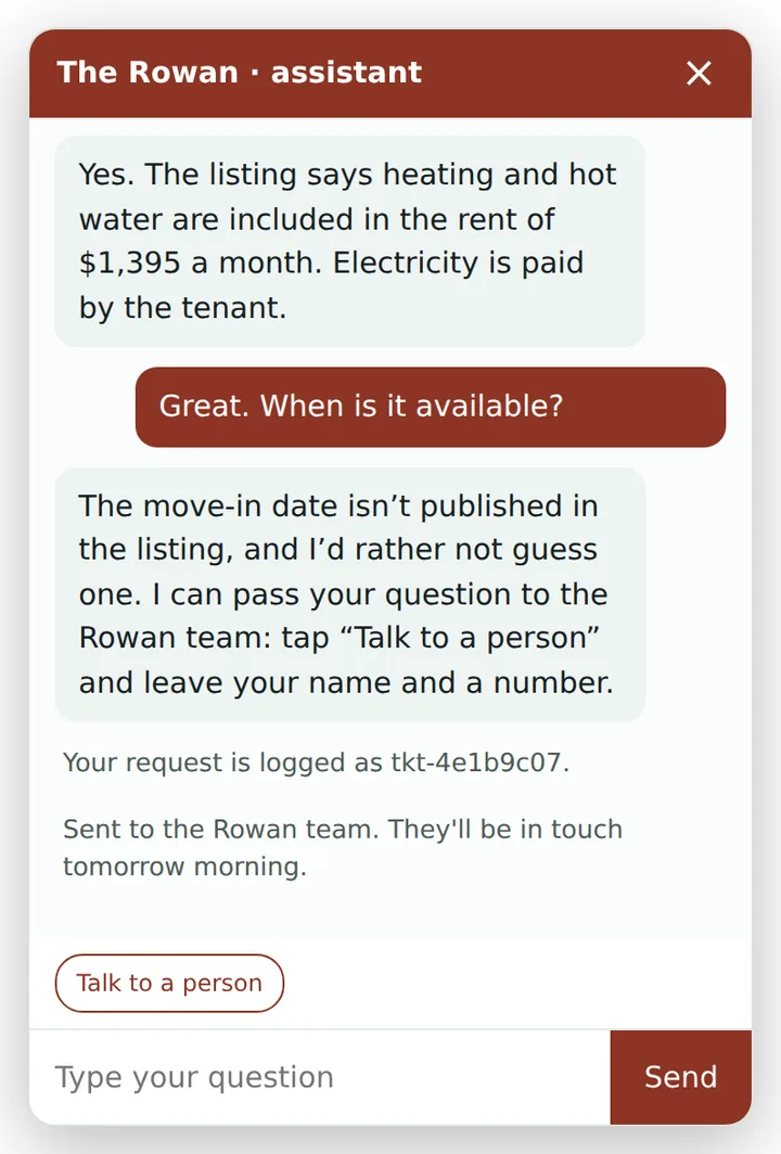 Screenshot: the request is logged under a number, then the window confirms it was sent to the Rowan team, who will be in touch tomorrow morning.