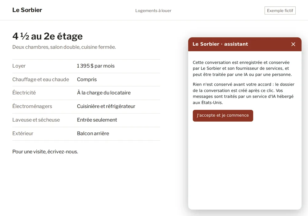 Capture d’écran : la fenêtre de clavardage ouverte sur la page d’annonce du Sorbier (un 4 ½ à 1 395 $ par mois, chauffage compris), avec sa demande d’accord avant le premier message.