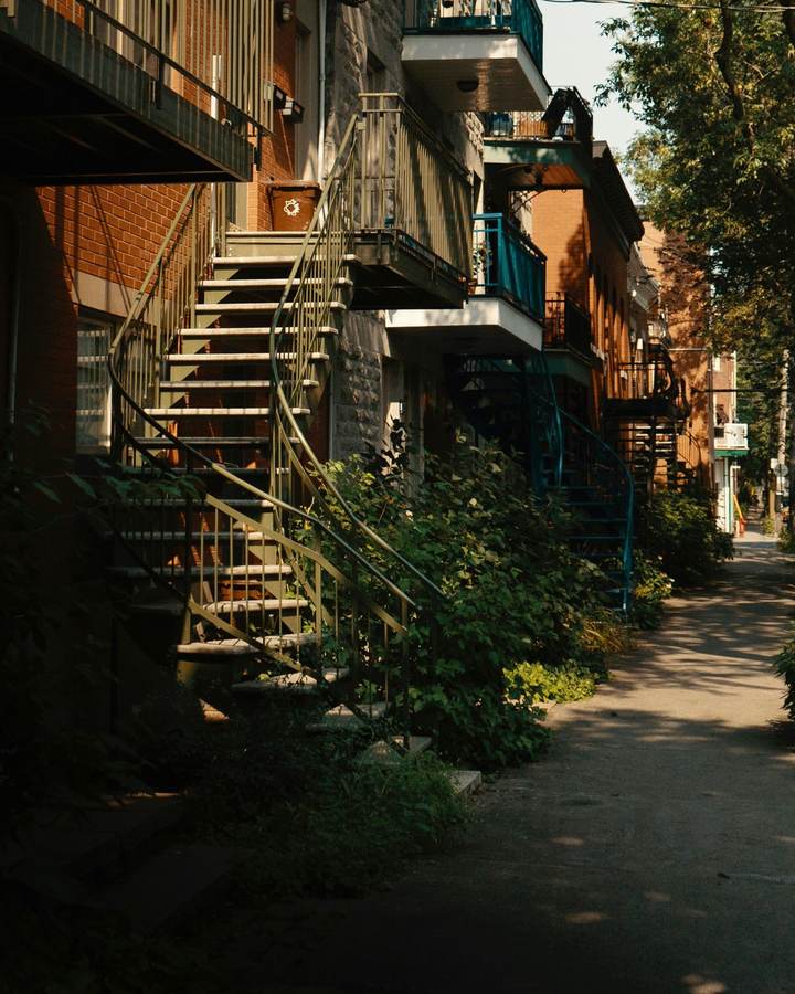 A street of plexes: wrought iron outside staircases, balconies, a tree in front of brick facades.